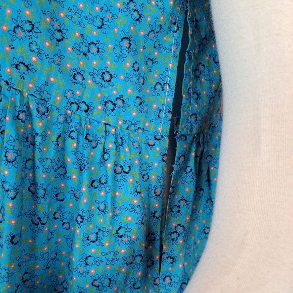 Hand Made Dress Aqua Floral Ruffle RickRack Trim Short Sleeves Cotton Size L - Picture 4 of 8